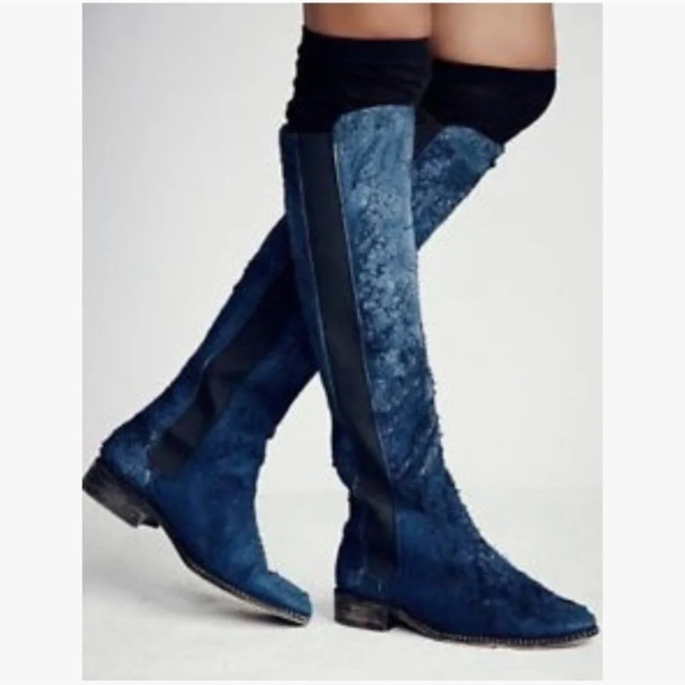 Free People Callow Tall Boot Blue Distressed Blue Suede‎ Sz 38 EU 7 US Back Zip